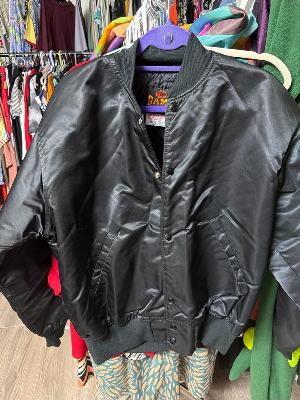 Black Satin Bomber Jacket by Game Sport Wear  - Classic Varsity Style